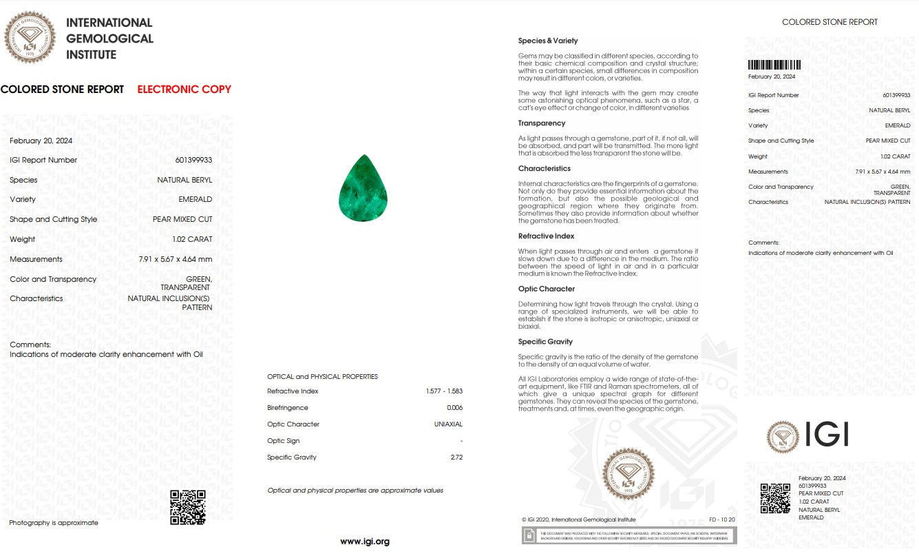 Natural Emerald Stone - 1.02 ct - Saleh Sallom