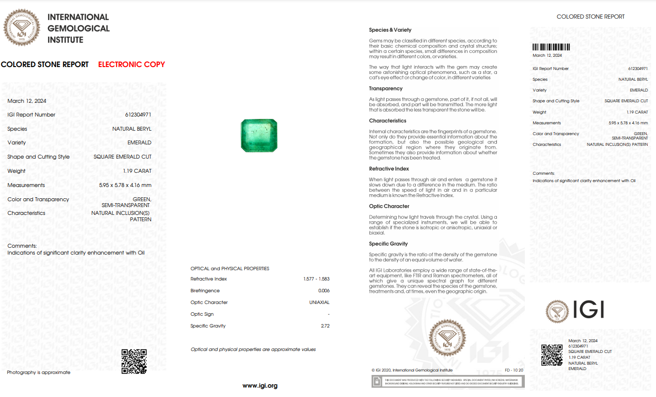 Natural Emerald Stone - 1.19 ct - Saleh Sallom