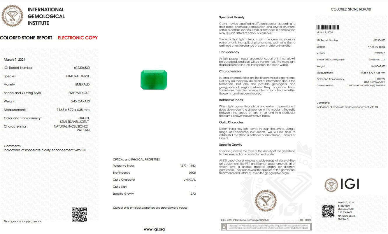 Natural Emerald Stone -  3.45 ct - Saleh Sallom