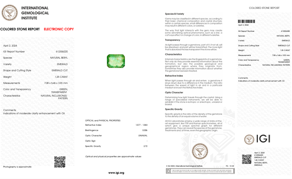 Natural Emerald - 1.25 CT - Saleh Sallom